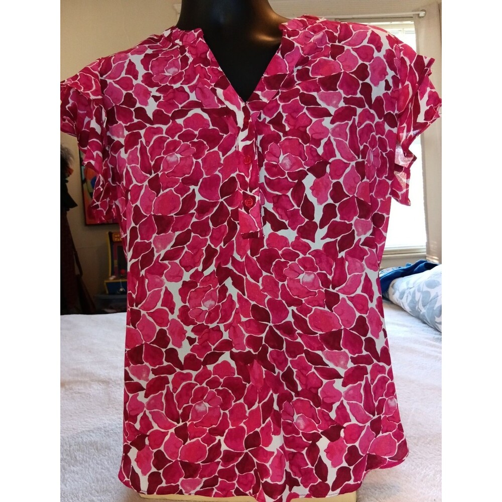 Zac & Rachel Medium Pink Floral Ruffle Short Sleeve V Neck Cottage core Top Blou - Picture 2 of 7